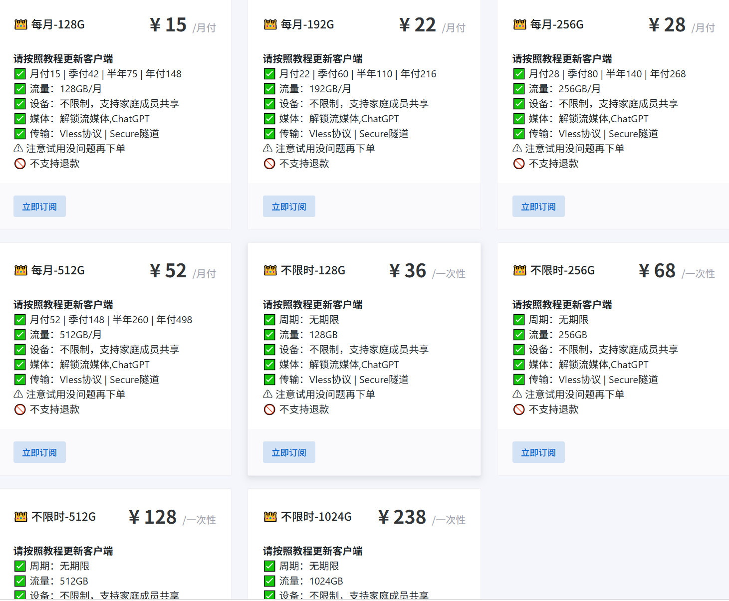官网套餐价目页实拍